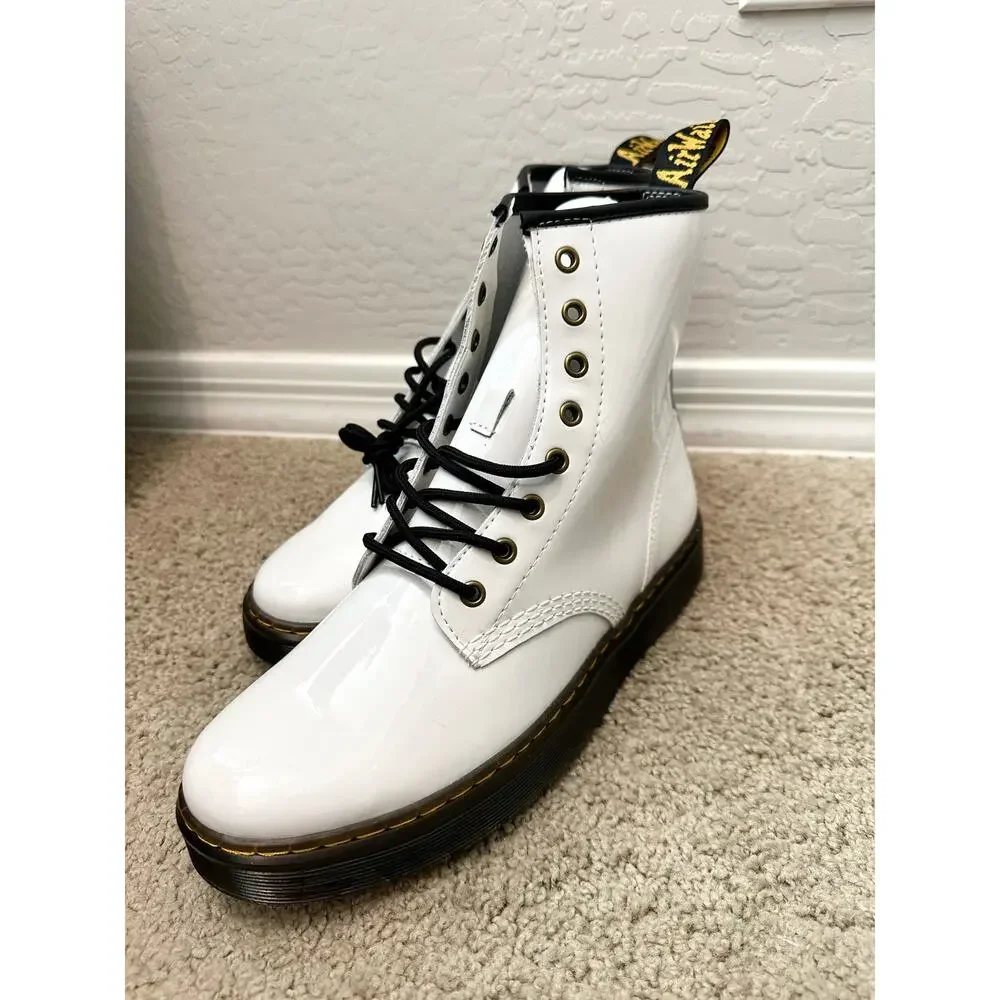 DR. MARTENS | Zavala White Patent Combat Boots Lace-Up Unisex | Size 10 11